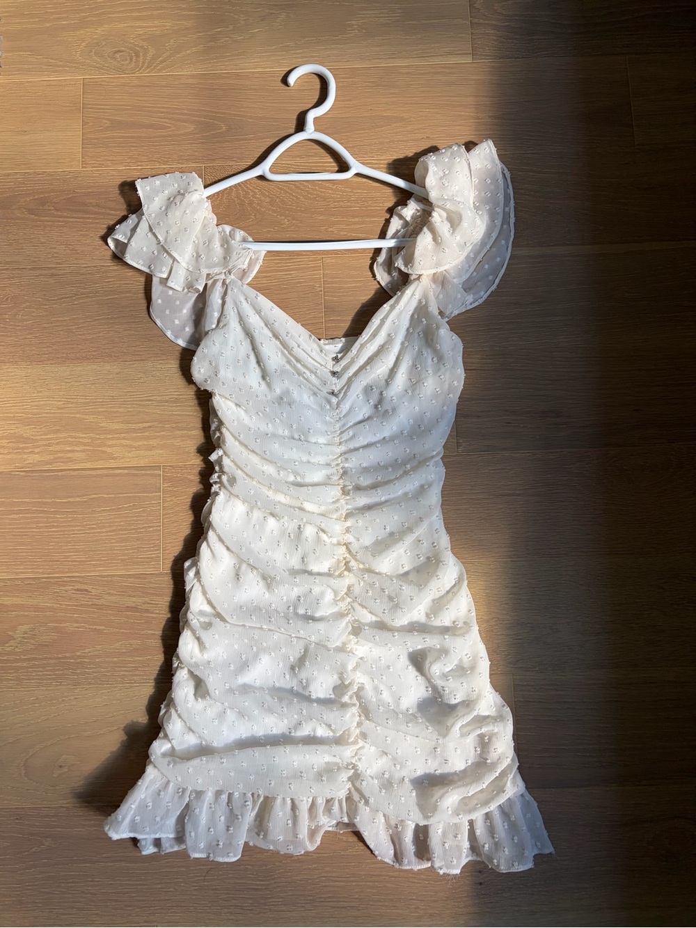 Zara Cream Ruched Mini Dress with Ruffle Sleeves - Picture 2 of 4